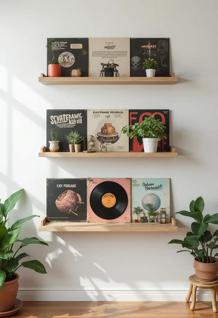 25 Album Cover Wall Decor Bedroom Ideas That Show Off Your Music Style - 3. Floating Shelves