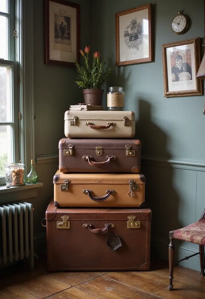 25 Anniversary Bedroom Decoration Ideas That Feel Romantic & Thoughtful - 17. Vintage Suitcases as Decor