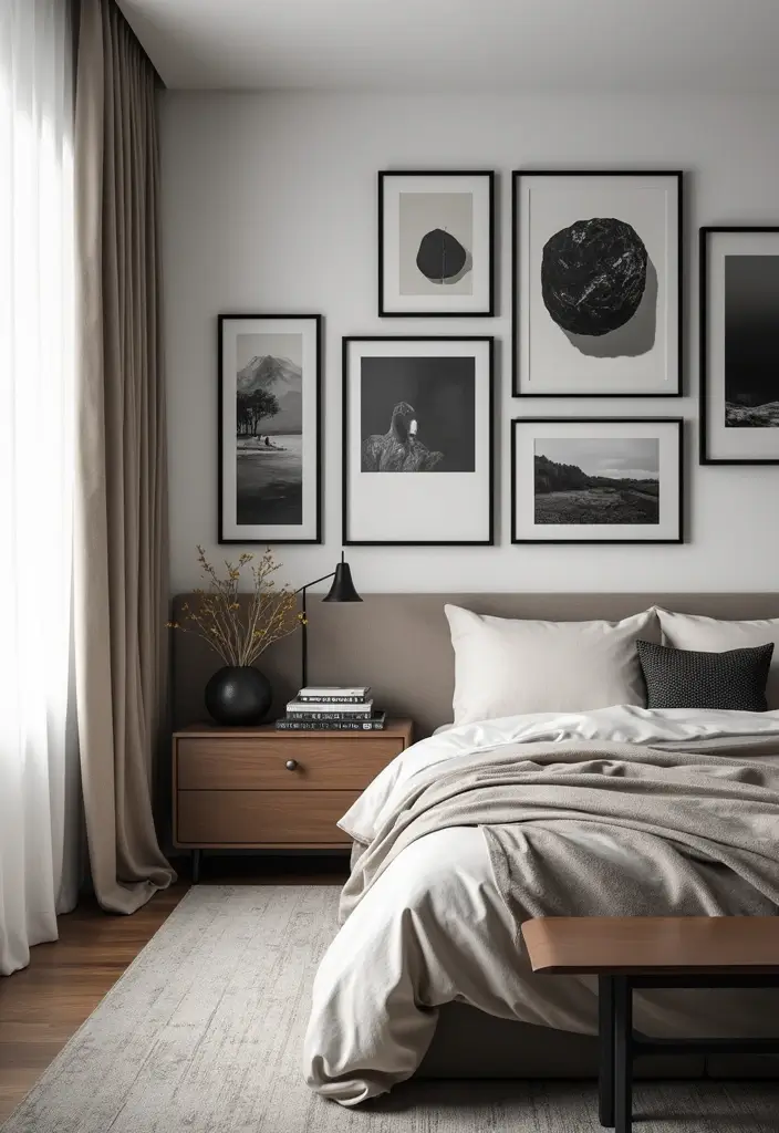 25 Bedroom Ideas with Black Furniture That Look Modern and Luxurious - 10. Stylish Wall Art