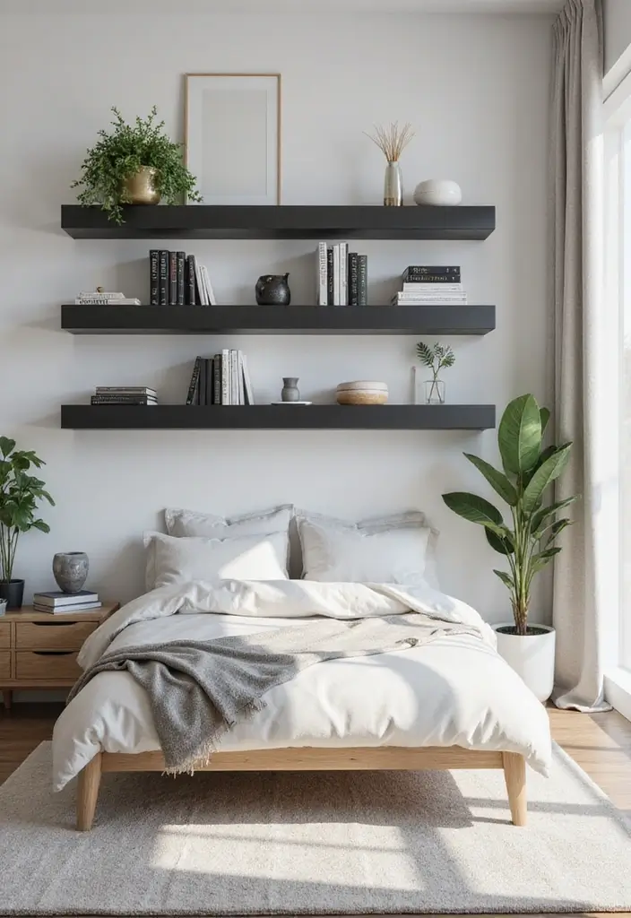 25 Bedroom Ideas with Black Furniture That Look Modern and Luxurious - 11. Floating Shelves