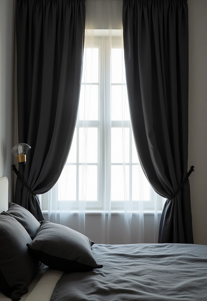 25 Bedroom Ideas with Black Furniture That Look Modern and Luxurious - 19. Elegant Curtains