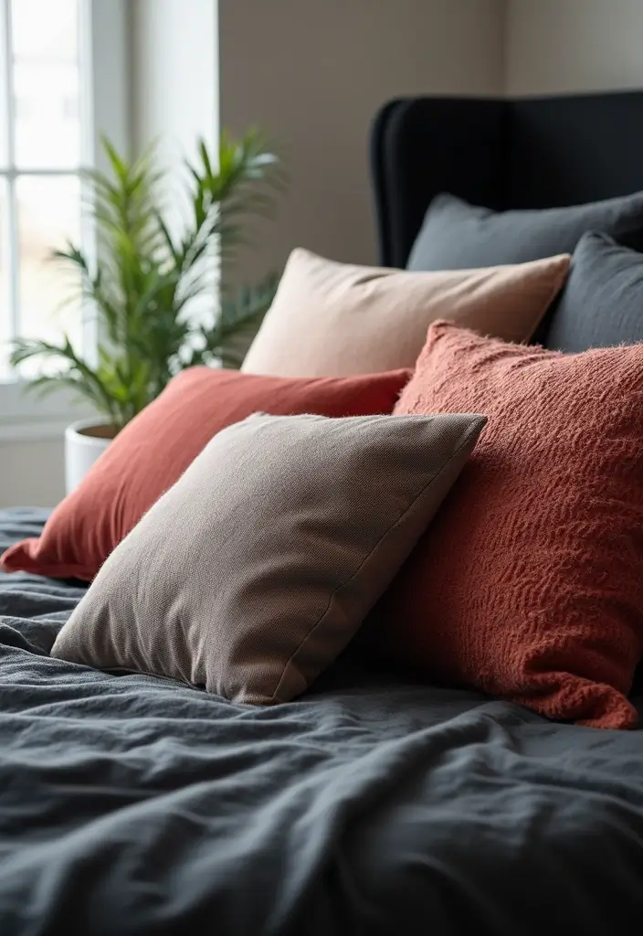 25 Bedroom Ideas with Black Furniture That Look Modern and Luxurious - 20. Chic Throw Pillows