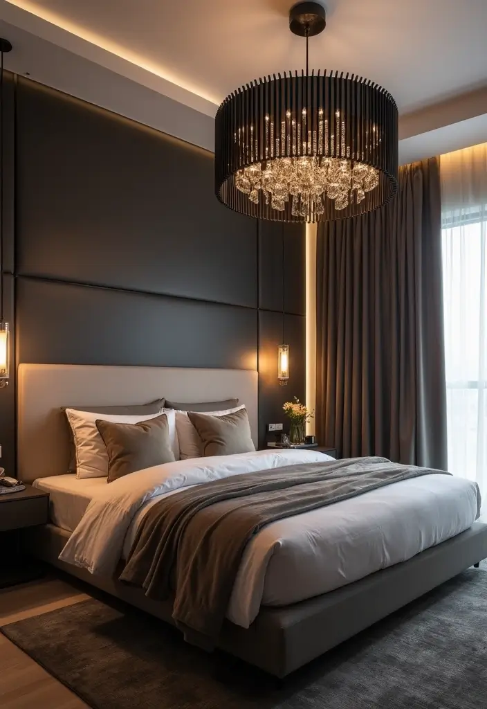 25 Bedroom Ideas with Black Furniture That Look Modern and Luxurious - 6. Statement Lighting Fixtures