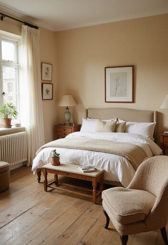 25 Beige Wall Bedroom Ideas That Add Warmth and Sophistication - 18. Vintage Charm with Beige Walls