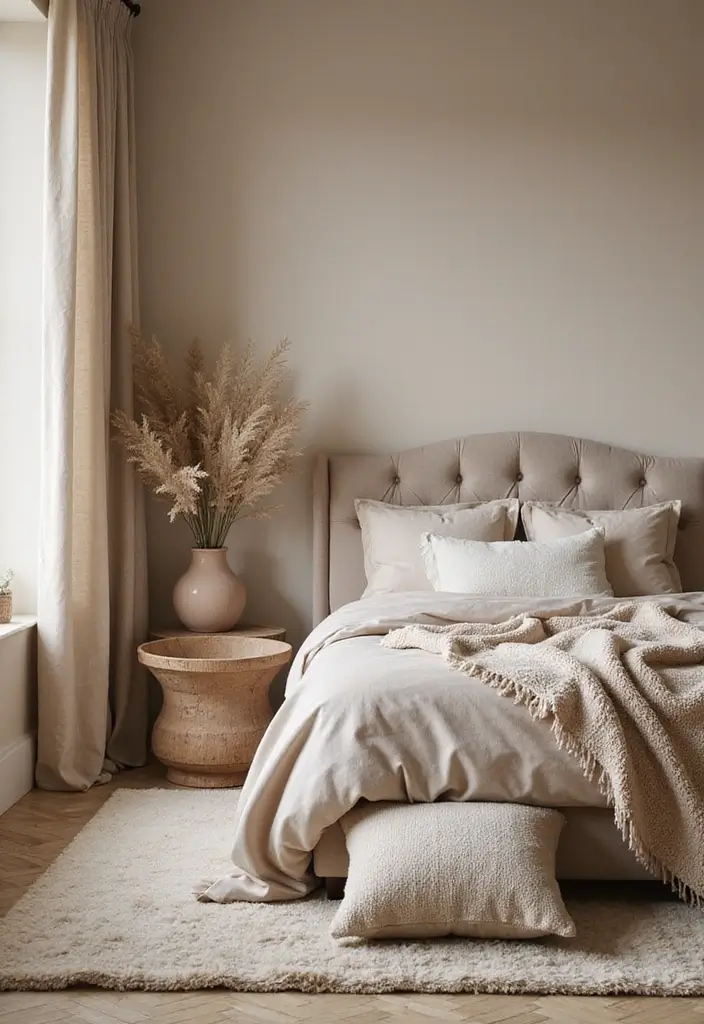 25 Beige Wall Bedroom Ideas That Add Warmth and Sophistication - 2. Layered Textures for Depth
