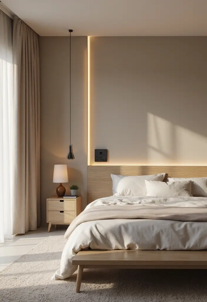 25 Beige Wall Bedroom Ideas That Add Warmth and Sophistication - 22. Integrated Technology