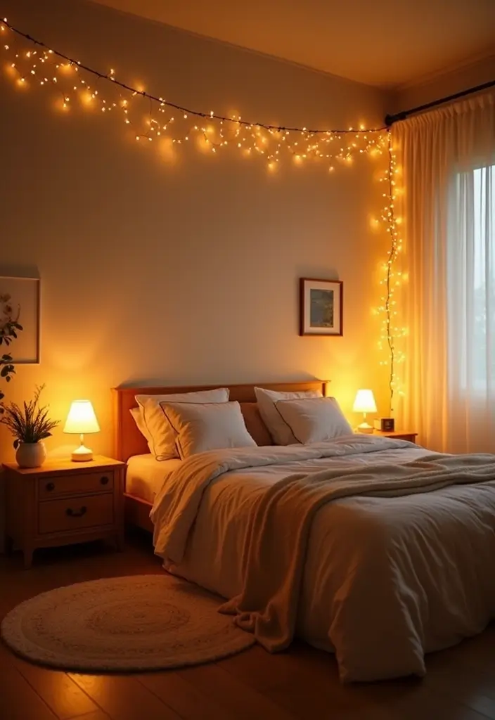 25 Beige Wall Bedroom Ideas That Add Warmth and Sophistication - 6. Warm Lighting for Cozy Vibes