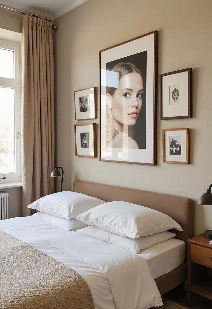 25 Beige Wall Bedroom Ideas That Add Warmth and Sophistication - 7. Statement Wall Art