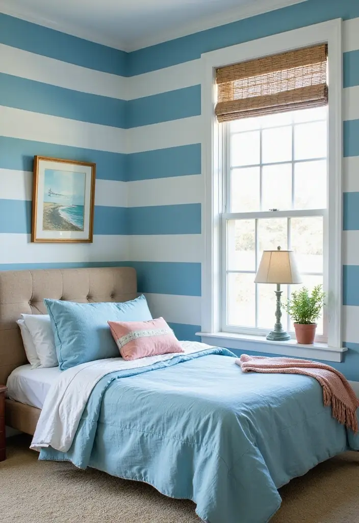 25 Blue Color Bedroom Ideas That Refresh Your Mood Instantly - 10. Beachy Blue Stripes