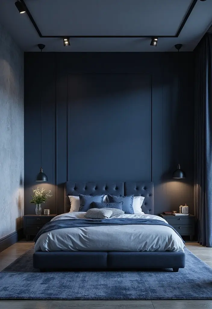 25 Blue Color Bedroom Ideas That Refresh Your Mood Instantly - 17. Midnight Blue Accents