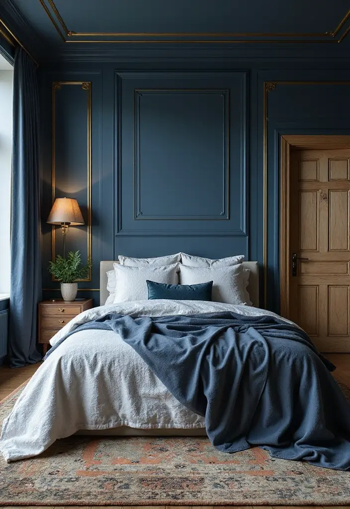 25 Blue Color Bedroom Ideas That Refresh Your Mood Instantly - 9. Elegant Blue and Gold Combo