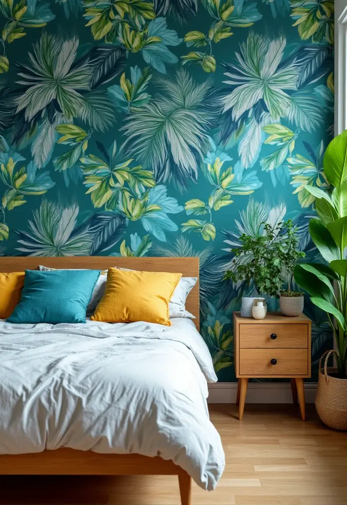 25 Blue Wallpaper Bedroom Ideas That Transform Blank Walls - 4. Tropical Print Paradise