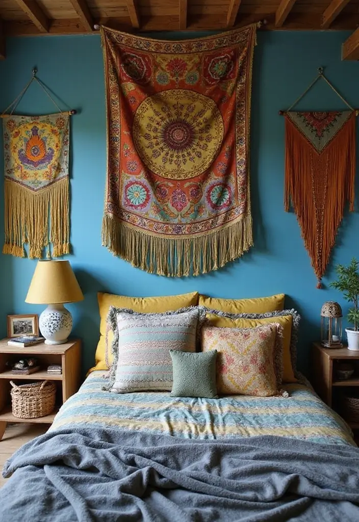 25 Blue and Yellow Bedroom Ideas That Brighten Any Space - 16. Bohemian Bliss