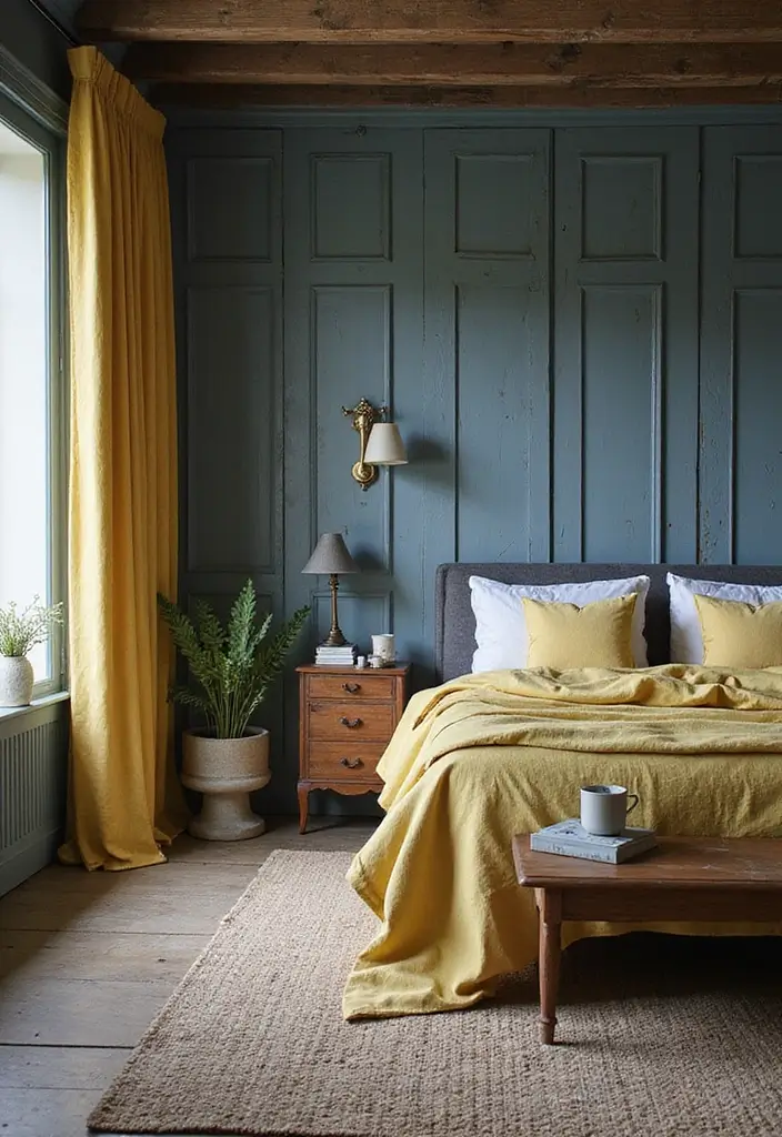 25 Blue and Yellow Bedroom Ideas That Brighten Any Space - 21. Rustic Elegance