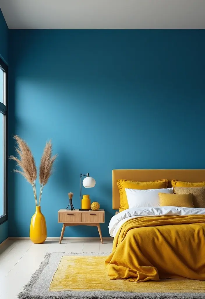 25 Blue and Yellow Bedroom Ideas That Brighten Any Space - 3. Bold Accent Wall