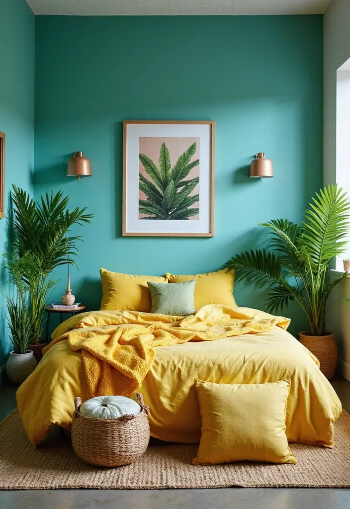25 Blue and Yellow Bedroom Ideas That Brighten Any Space - 9. Urban Tropical Retreat