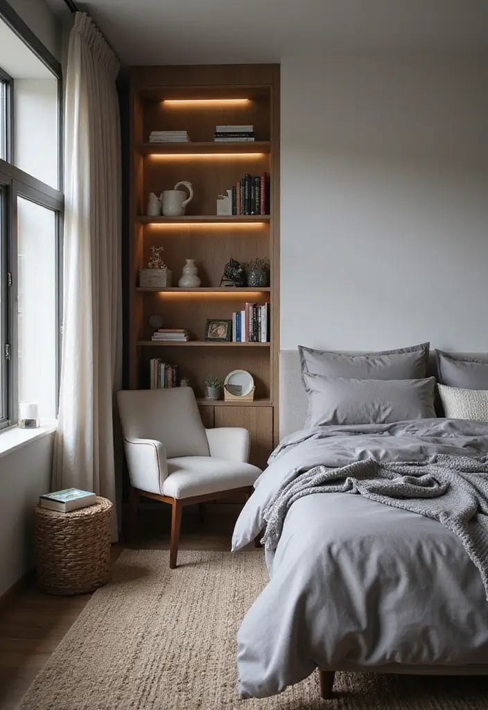 25 Gray Comforter Bedroom Ideas That Feel Calm & Neutral - 15. Gray Comforter with Cozy Reading Nook