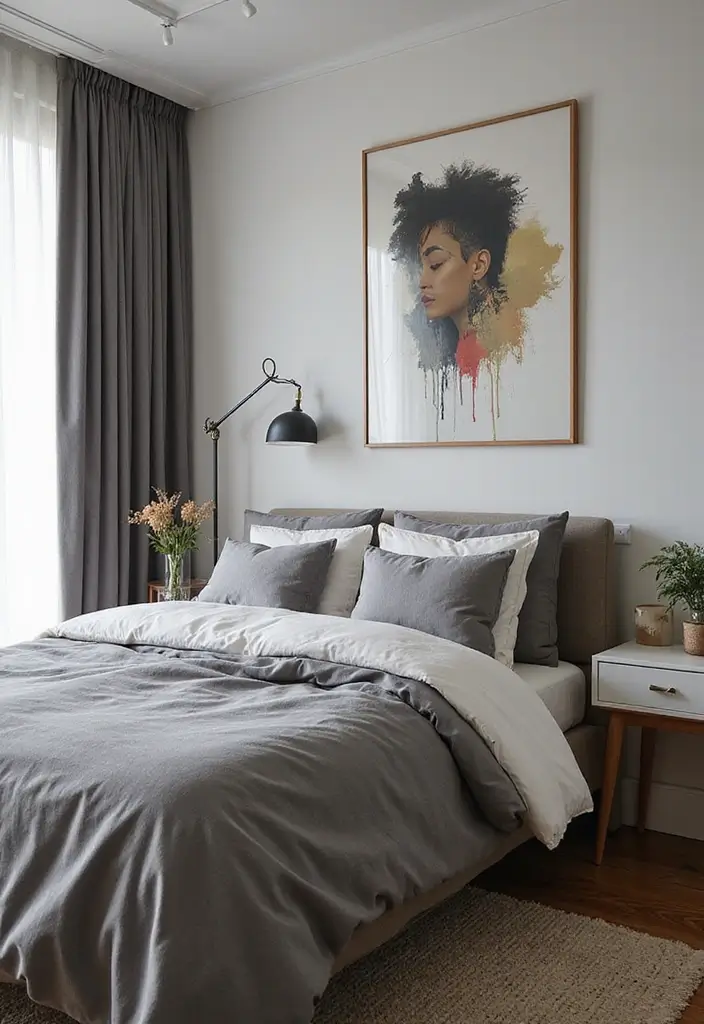 25 Gray Comforter Bedroom Ideas That Feel Calm & Neutral - 16. Gray Comforter with Artistic Flair