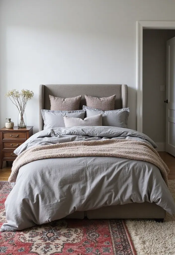 25 Gray Comforter Bedroom Ideas That Feel Calm & Neutral - 23. Gray Comforter with Layered Rugs