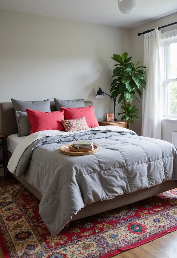 25 Gray Comforter Bedroom Ideas That Feel Calm & Neutral - 4. Gray Accents with Bold Colors