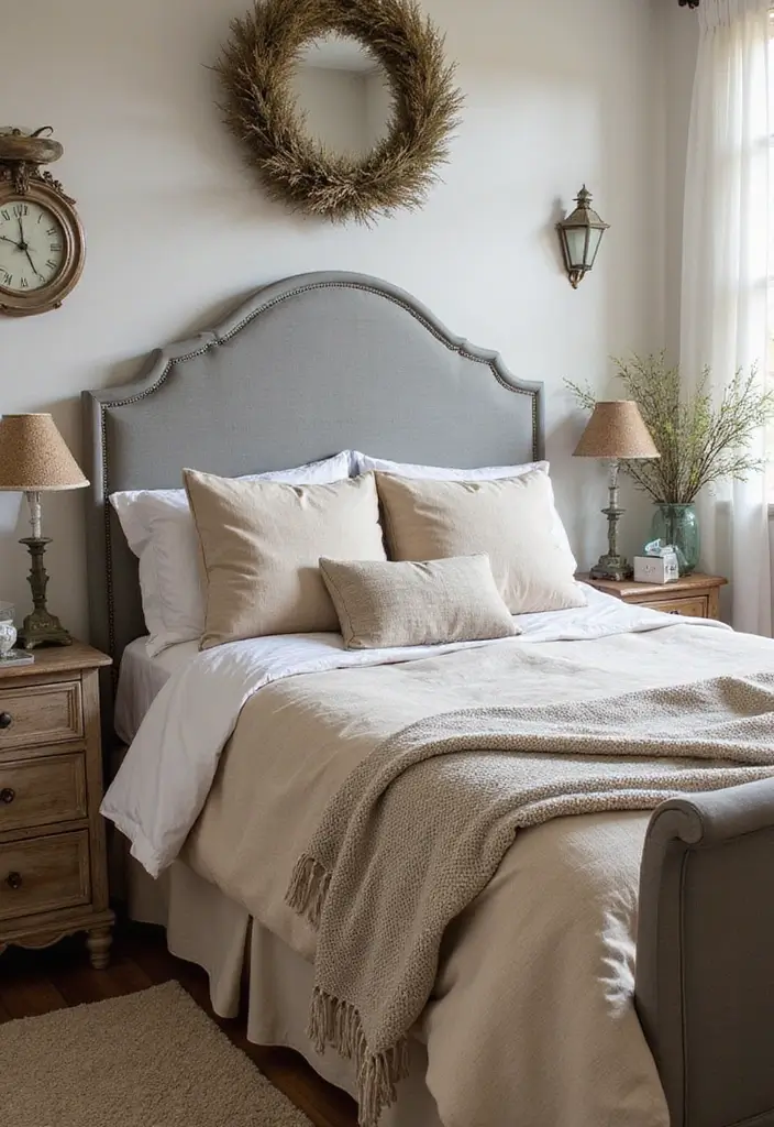 25 Grey Headboard Bedroom Ideas That Feel Classy and Versatile - 20. Farmhouse Charm