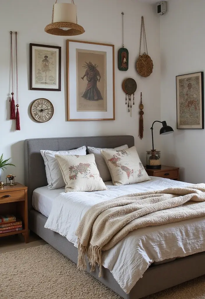 25 Grey Headboard Bedroom Ideas That Feel Classy and Versatile - 21. Travel-Inspired Decor