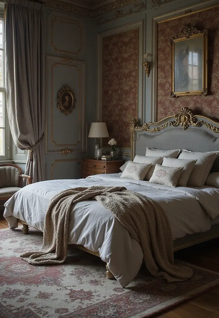 25 Grey Headboard Bedroom Ideas That Feel Classy and Versatile - 24. Vintage Glam