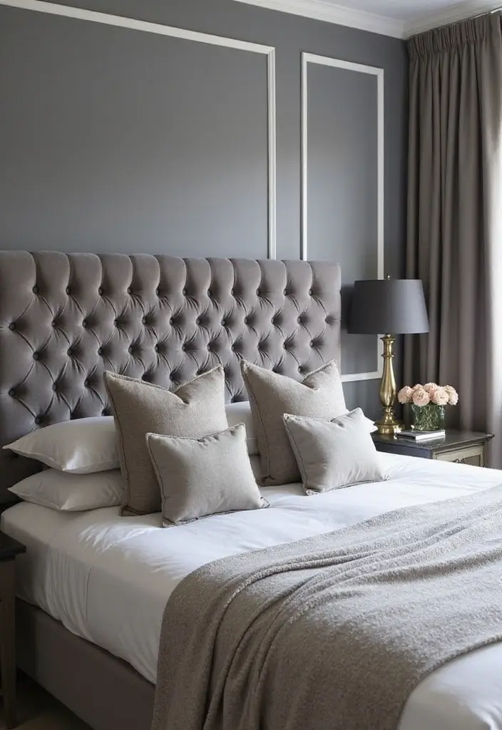 25 Grey Headboard Bedroom Ideas That Feel Classy and Versatile - 5. Contemporary Glam