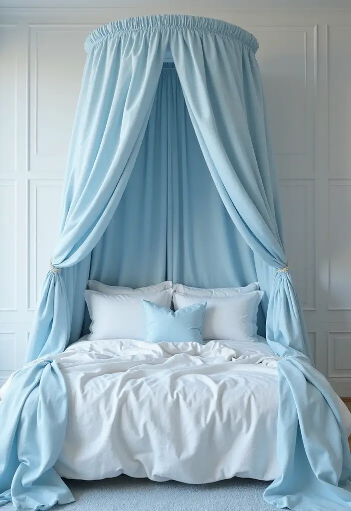 25 Light Blue Aesthetic Bedroom Ideas That Feel Fresh and Clean - 10. Dreamy Canopy