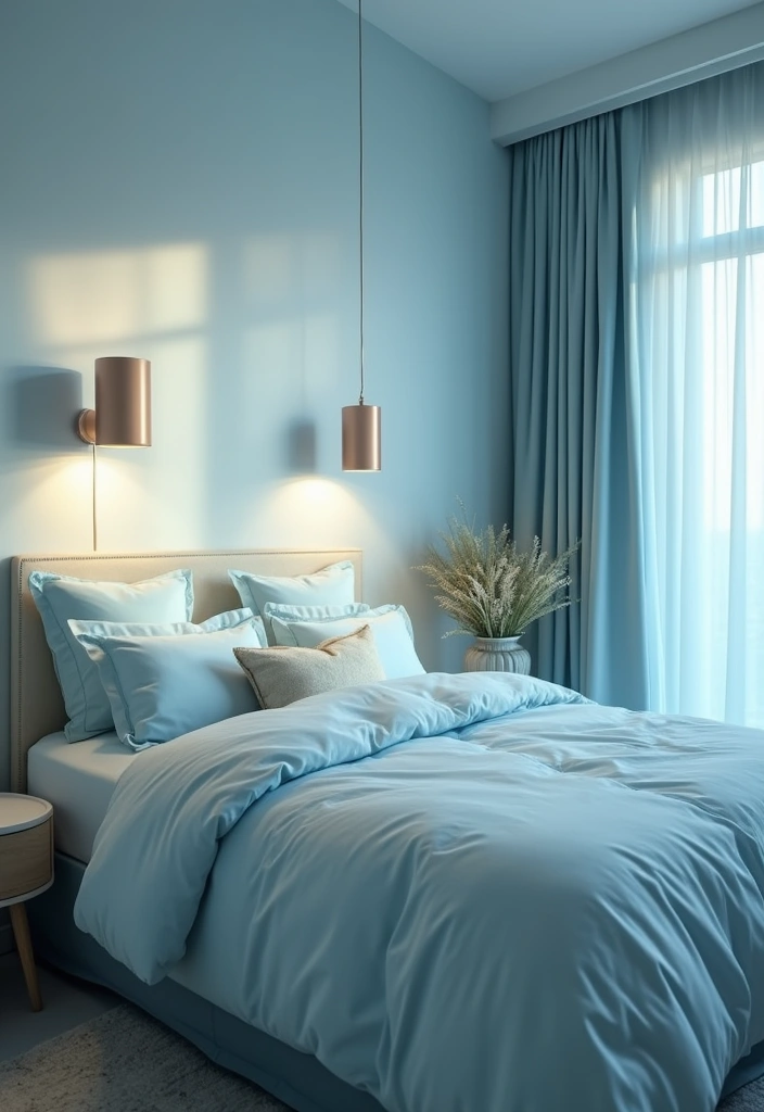 25 Light Blue Aesthetic Bedroom Ideas That Feel Fresh and Clean - 22. Layered Lighting