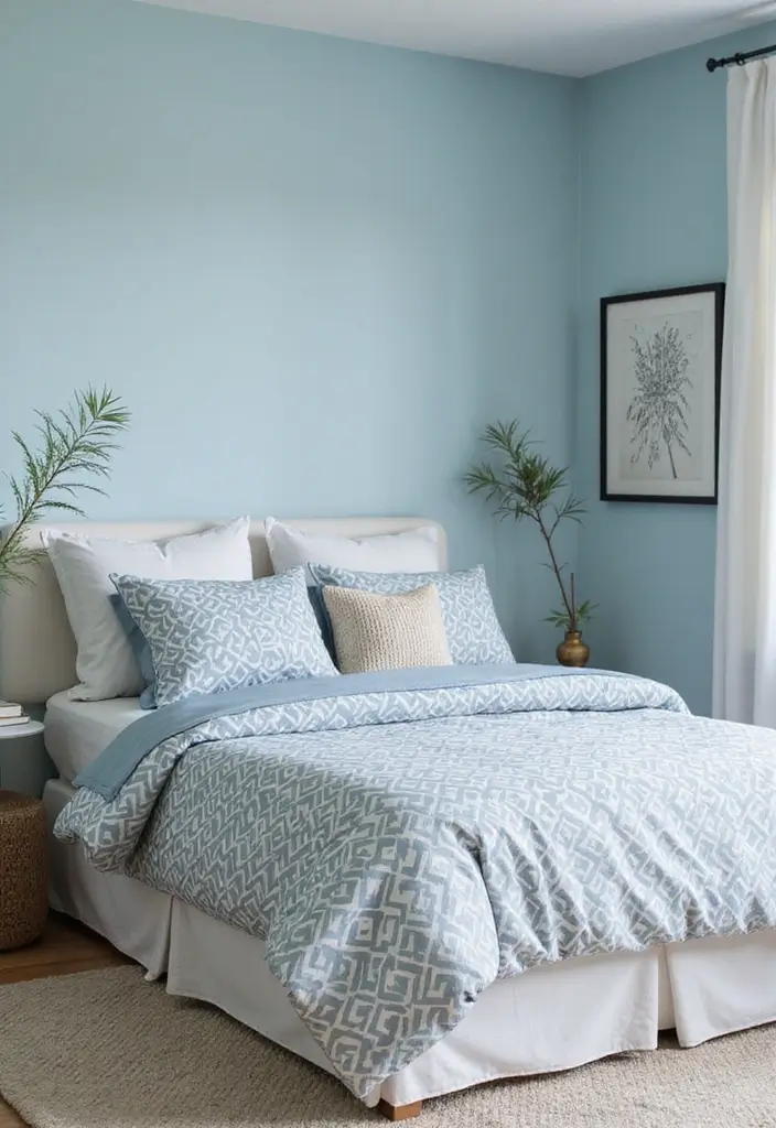 25 Light Blue Wall Bedroom Ideas That Make Spaces Feel Open - 14. Modern Geometric Patterns