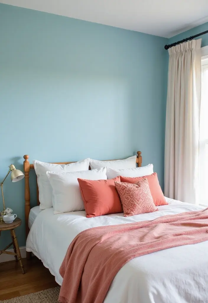 25 Light Blue Wall Bedroom Ideas That Make Spaces Feel Open - 16. Warm Coral Accents