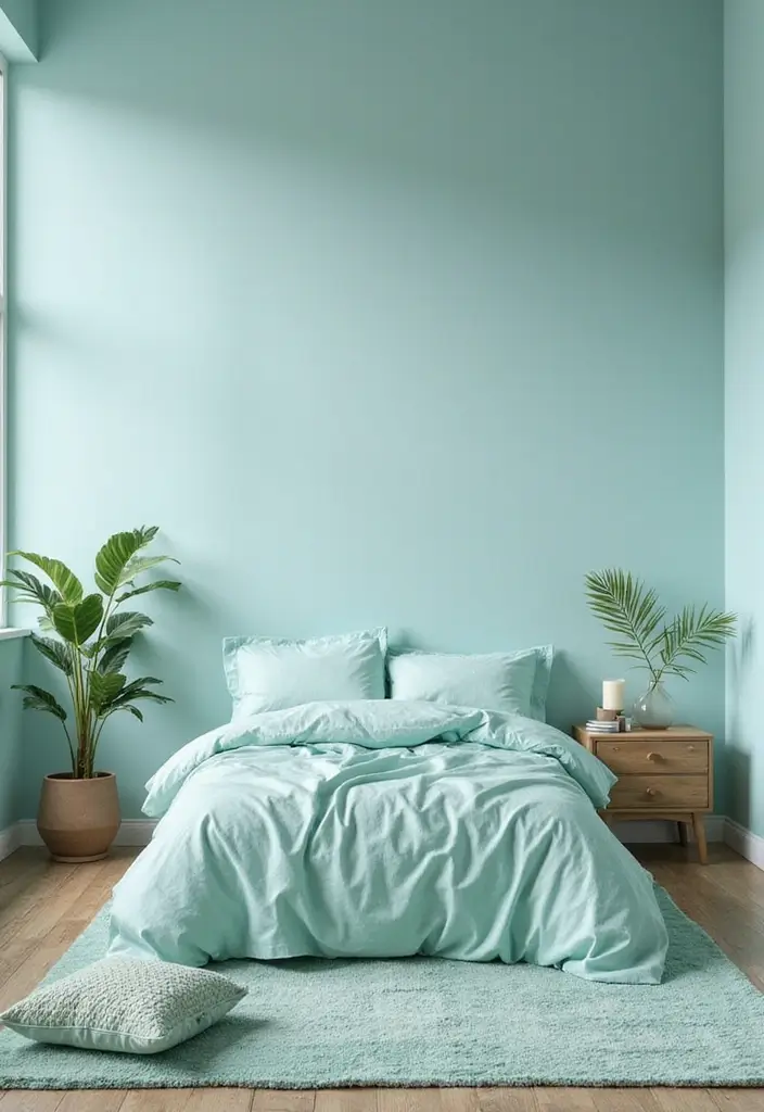 25 Light Blue Wall Bedroom Ideas That Make Spaces Feel Open - 17. Seafoam Green Infusion