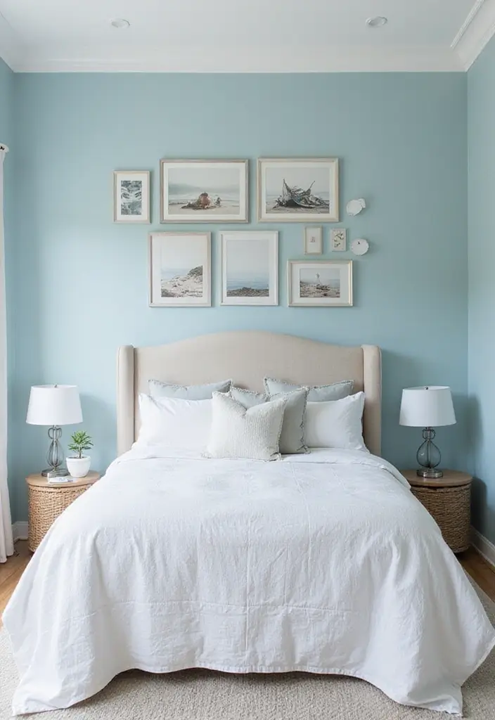25 Light Blue Wall Bedroom Ideas That Make Spaces Feel Open - 20. Coastal Gallery Wall