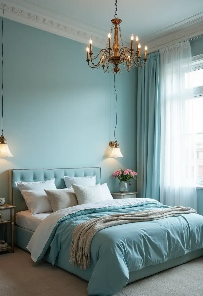 25 Light Blue Wall Bedroom Ideas That Make Spaces Feel Open - 22. Vintage Fixtures