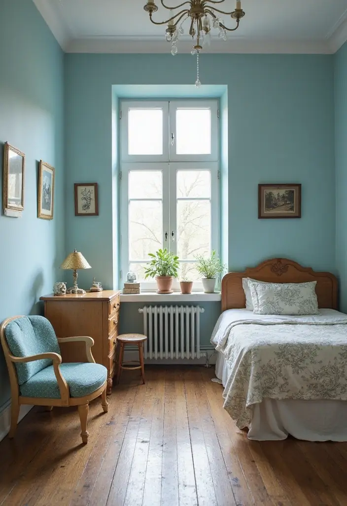 25 Light Blue Wall Bedroom Ideas That Make Spaces Feel Open - 4. Vintage Vibes
