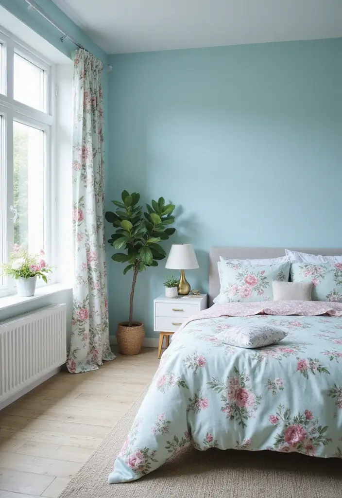 25 Light Blue Wall Bedroom Ideas That Make Spaces Feel Open - 7. Floral Touches