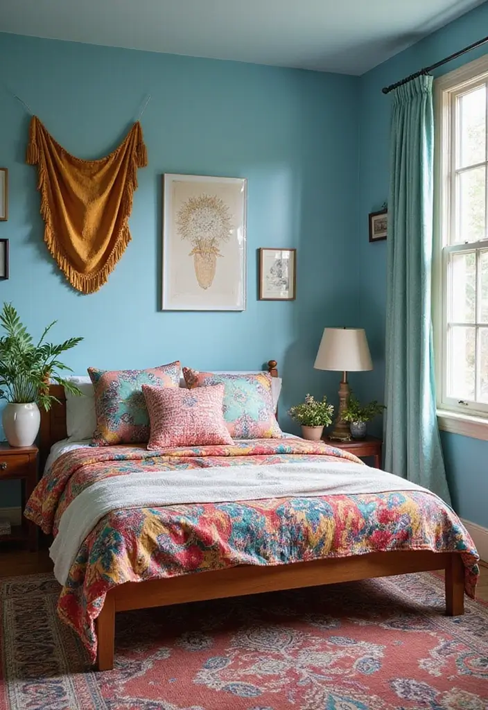 25 Light Blue Wall Bedroom Ideas That Make Spaces Feel Open - 9. Bohemian Bliss
