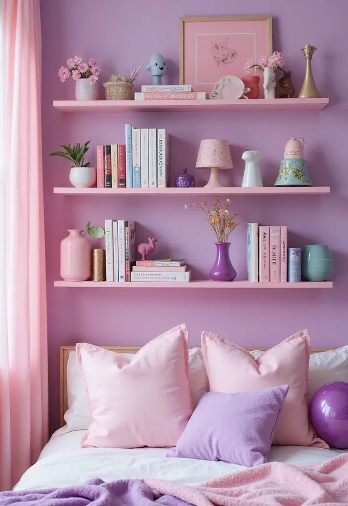 25 Pink and Purple Bedroom Ideas That Feel Fun and Dreamy - 16. Colorful Floating Shelves