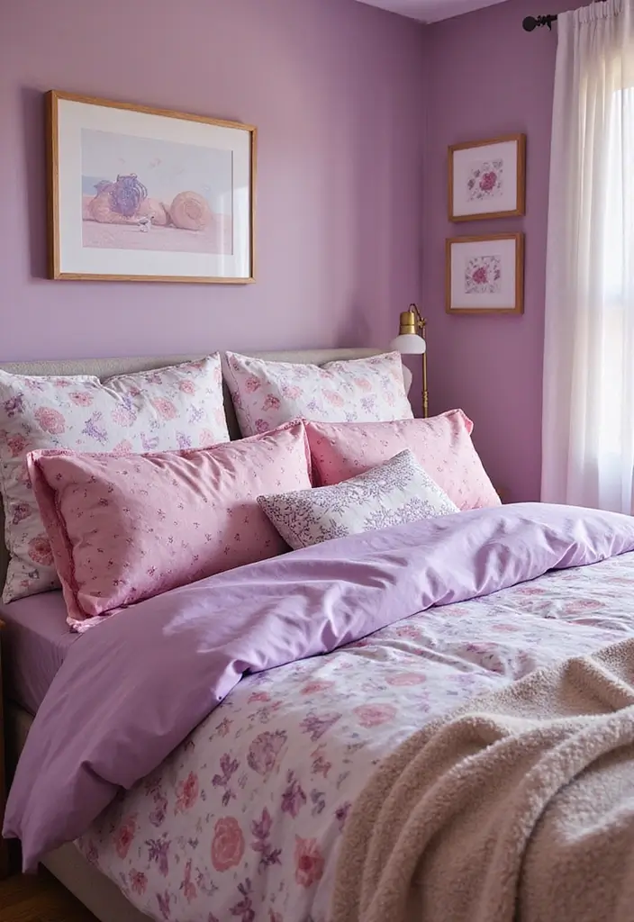 25 Pink and Purple Bedroom Ideas That Feel Fun and Dreamy - 3. Playful Bedding Sets