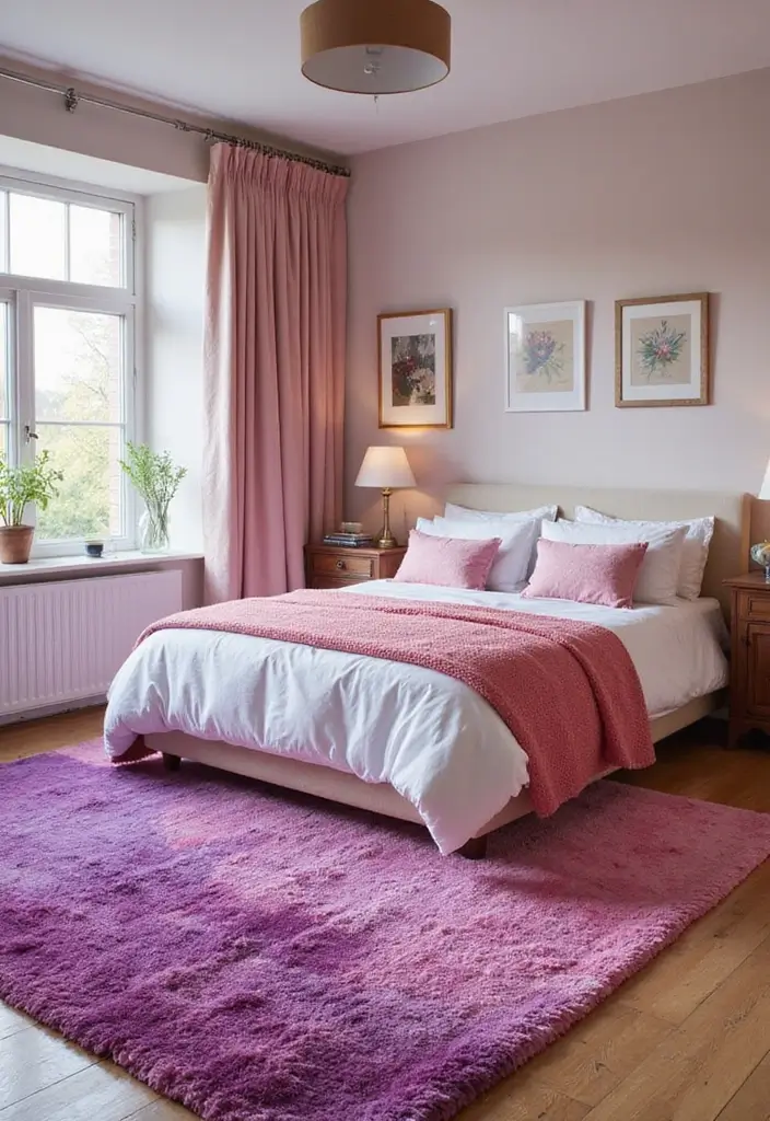 25 Pink and Purple Bedroom Ideas That Feel Fun and Dreamy - 6. Bright Rugs for Comfort