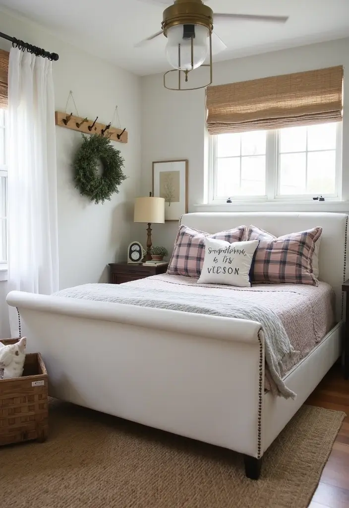 25 Upholstered Beds Bedroom Ideas That Feel Luxe and Cozy - 13. Farmhouse Chic