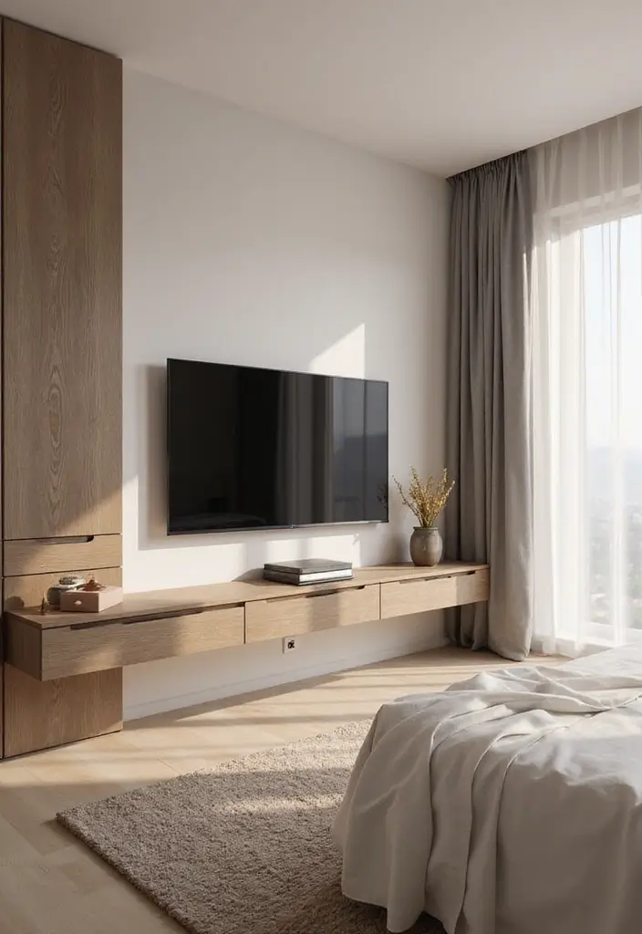 30 Bedroom Ideas with TV That Balance Relaxation & Design - 1. Floating TV Shelf