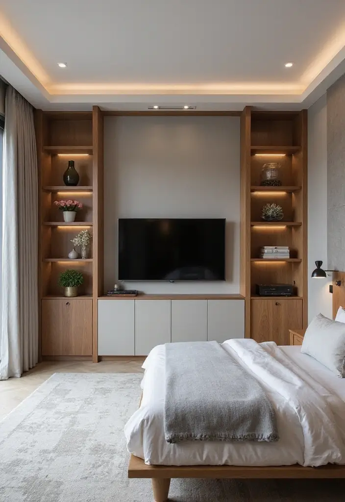 30 Bedroom Ideas with TV That Balance Relaxation & Design - 10. Built-In TV Unit