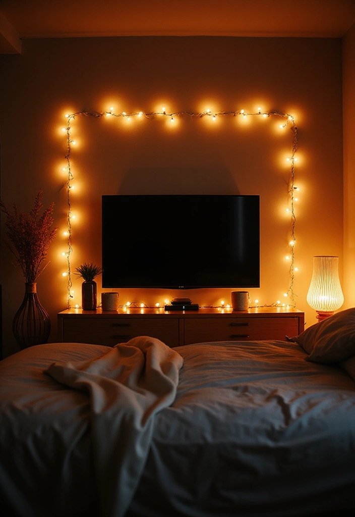 30 Bedroom Ideas with TV That Balance Relaxation & Design - 11. Soft Lighting Around the TV
