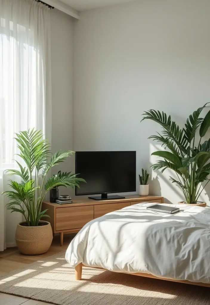 30 Bedroom Ideas with TV That Balance Relaxation & Design - 15. Indoor Plants Near the TV