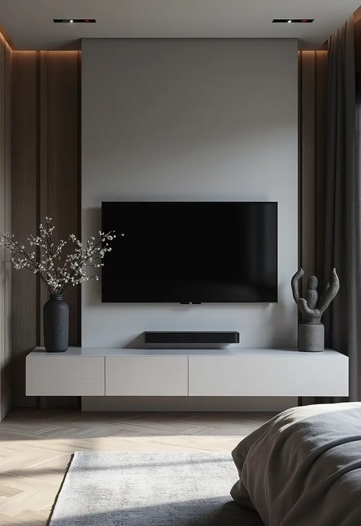30 Bedroom Ideas with TV That Balance Relaxation & Design - 18. Monochrome Magic