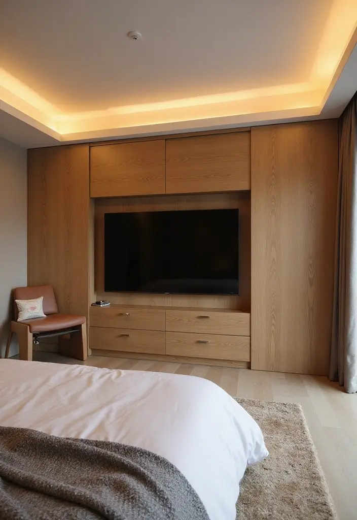 30 Bedroom Ideas with TV That Balance Relaxation & Design - 2. TV Behind a Sliding Panel