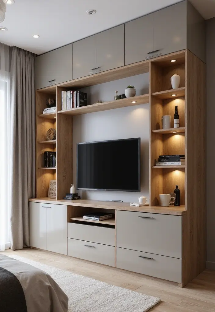 30 Bedroom Ideas with TV That Balance Relaxation & Design - 20. Multi-Functional TV Stand