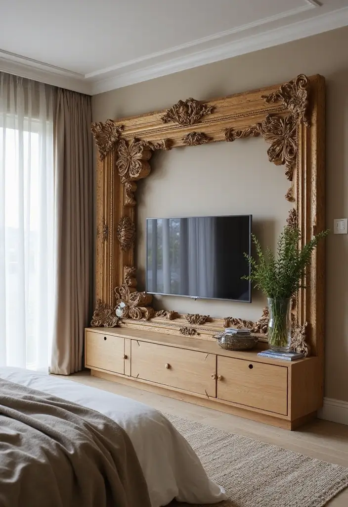 30 Bedroom Ideas with TV That Balance Relaxation & Design - 22. Artistic TV Frame